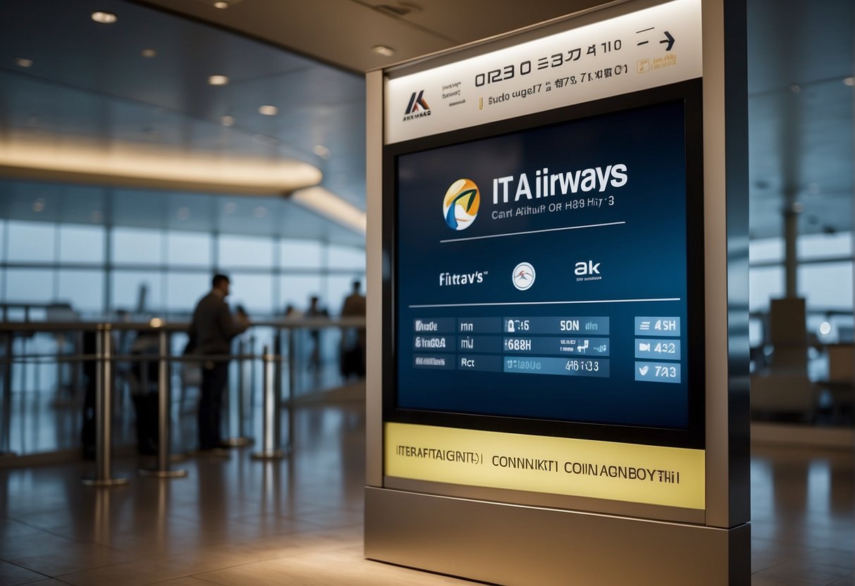 ITA Airways contact information displayed on a modern digital screen with the airline's logo, phone number, email, and website