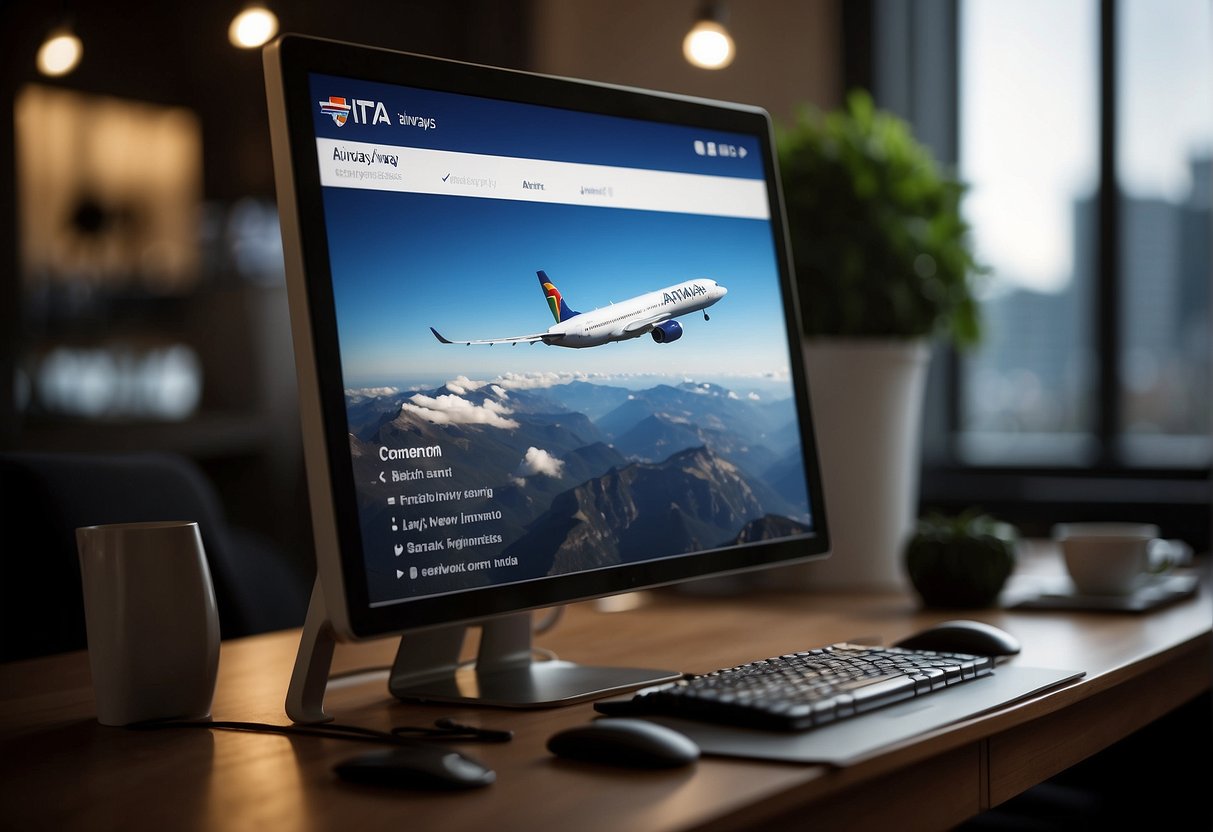ITA Airways logo displayed on a computer screen with passenger details being managed. Contact information visible