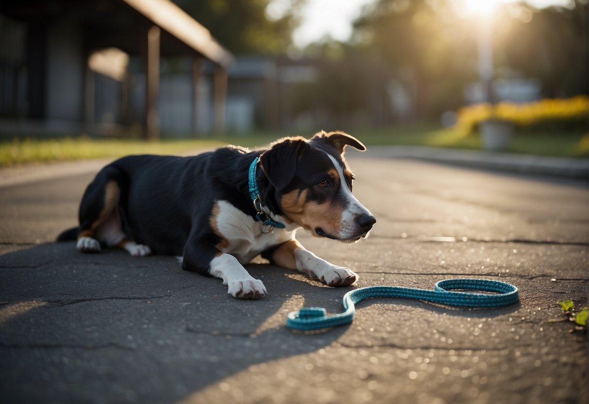 A broken leash lies on the ground, a dog cowers in the corner, flinching at sudden movements