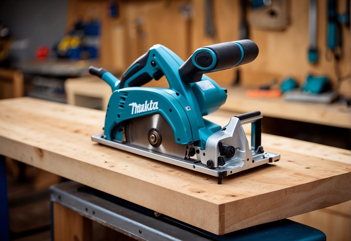 A Kreg track saw and a Makita saw are positioned side by side on a workbench, ready for use