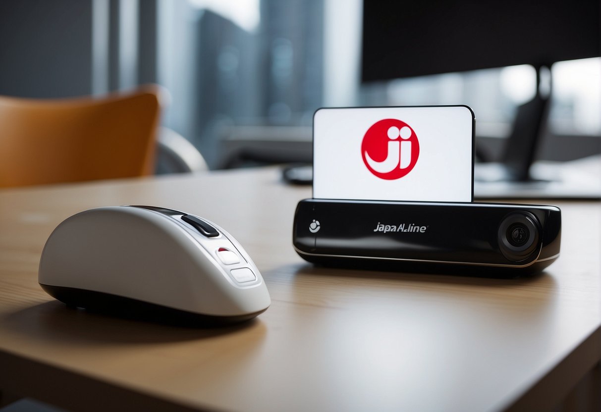 A Japan Airlines logo displayed on a sleek, modern desk with a computer and phone nearby