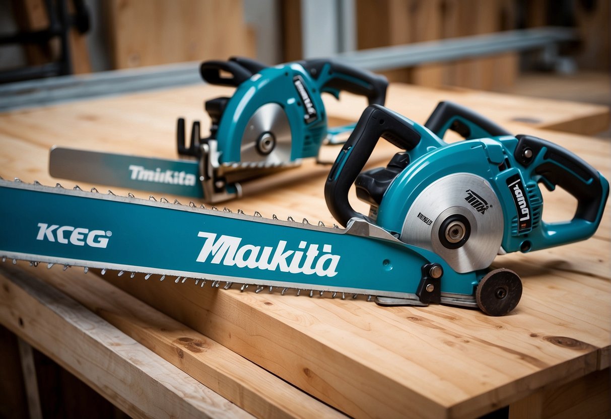 Two saws side by side, labeled "Kreg Track Saw" and "Makita." Each saw has a list of technical specifications next to it for comparison