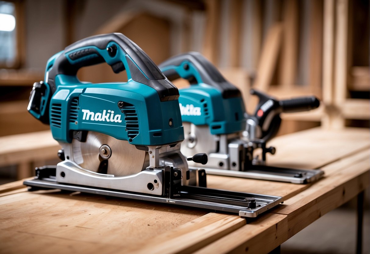 The Kreg track saw and Makita saw are shown side by side, with clear safety features highlighted. Dust collection systems are depicted in action