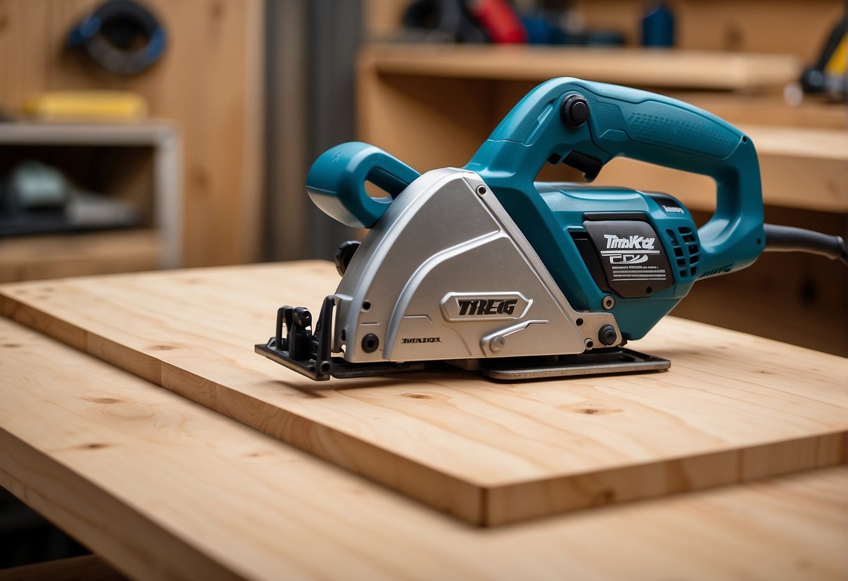 A Kreg track saw and a Makita saw are placed side by side, with a list of frequently asked questions about their differences and features displayed nearby