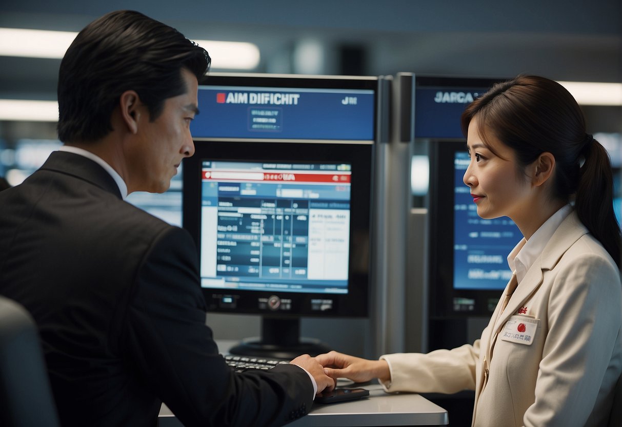 A Japan Airlines representative enters passenger details into a computer while contact information is displayed on a screen