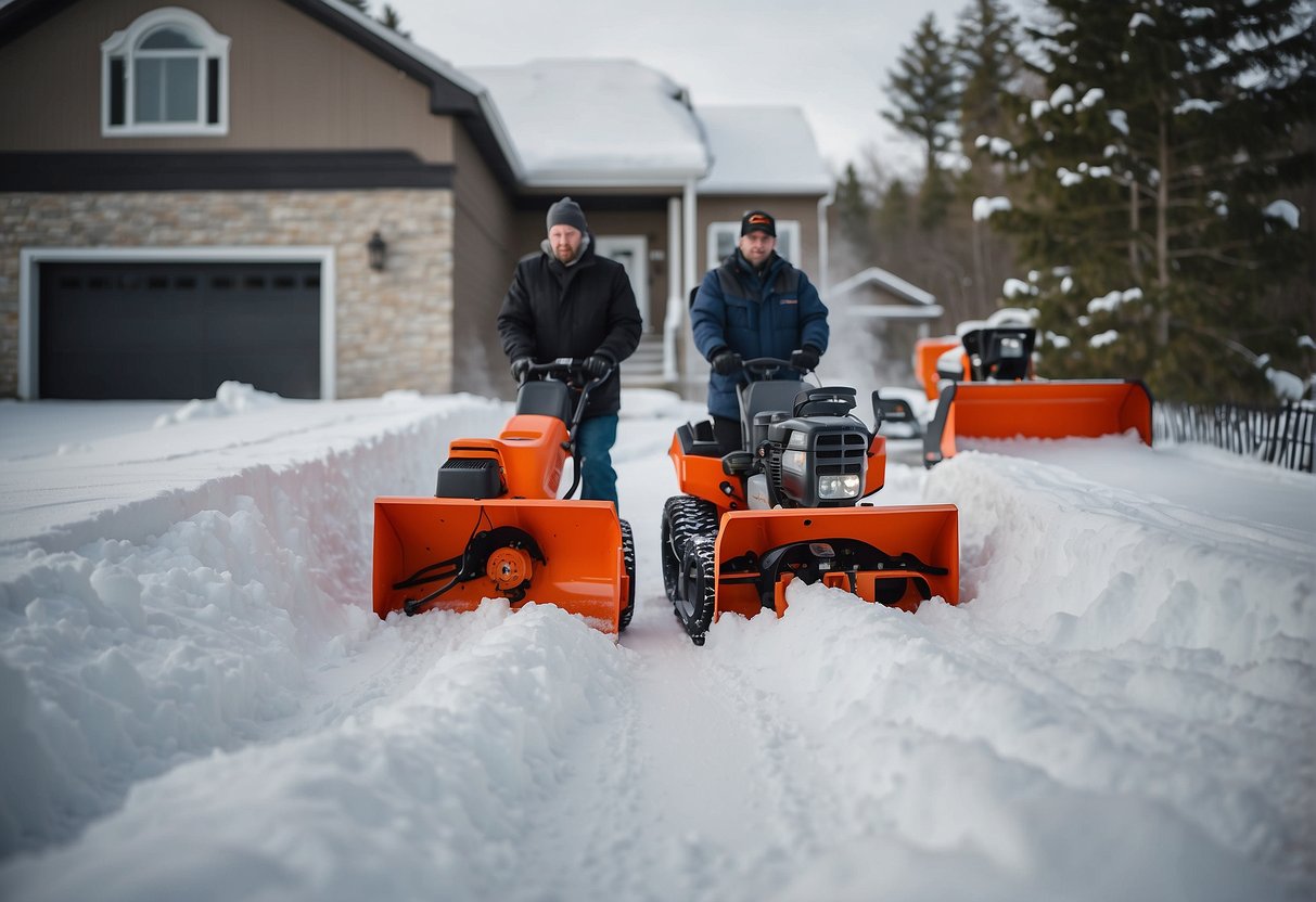 Two snowblowers, Husqvarna and Ariens, face off in a snowy driveway. They are surrounded by piled up snow, with a clear divide between the two machines