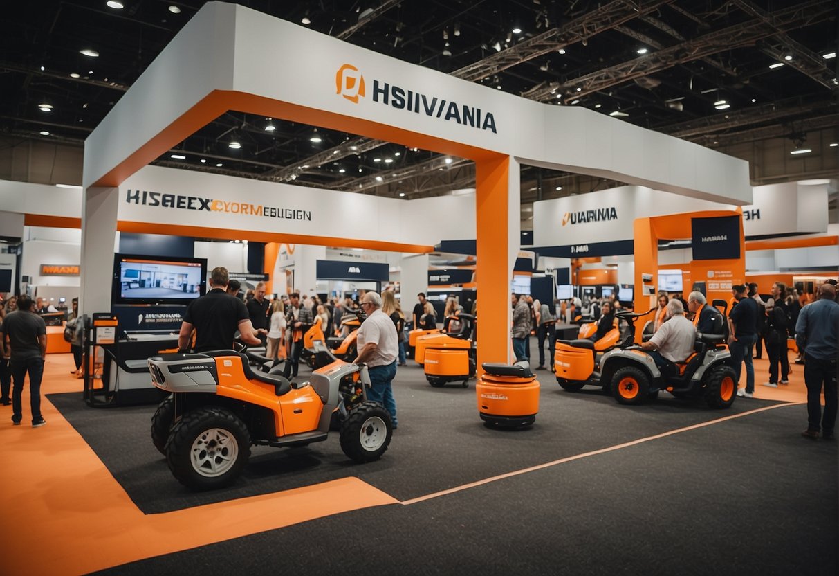 A bustling trade show floor with Husqvarna and Ariens booths, showcasing their rich brand histories and strong market presence through interactive displays and engaging demonstrations