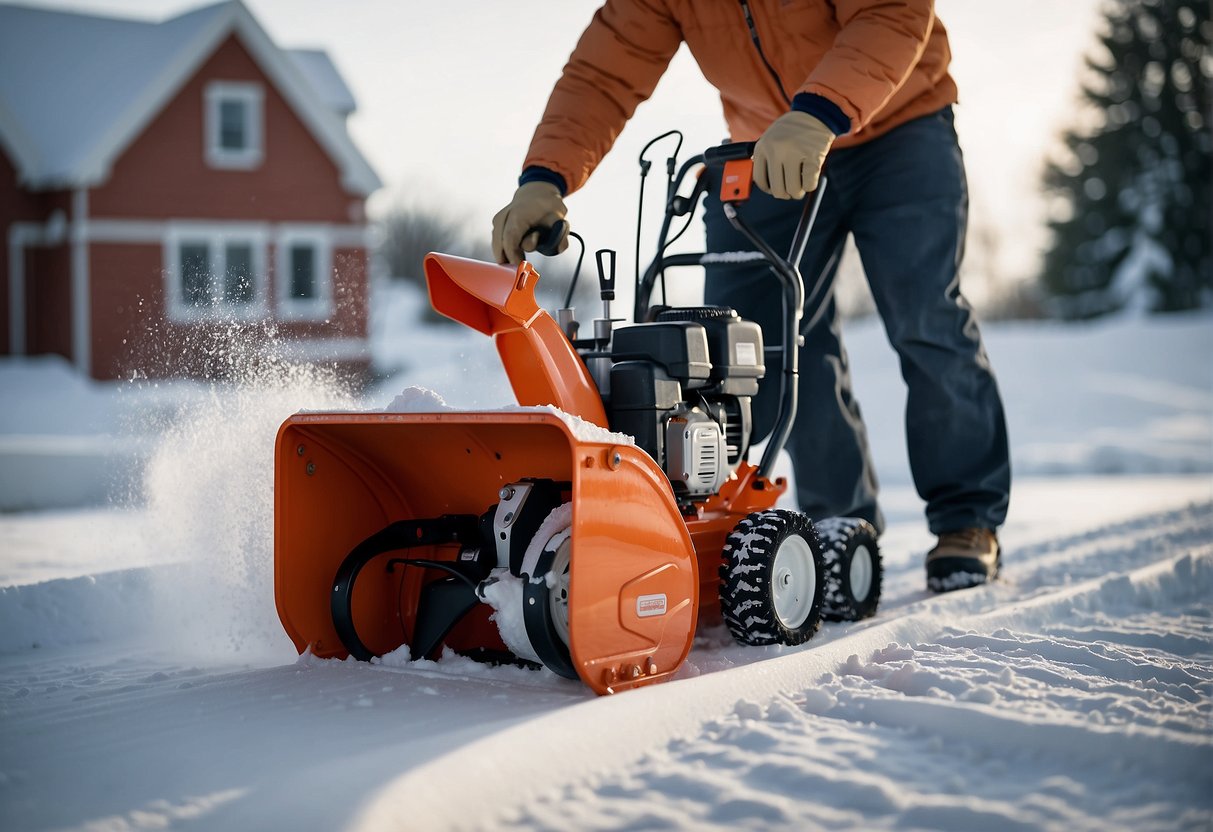 A person easily starting a Husqvarna snowblower, while comfortably maneuvering an Ariens snowblower through heavy snow