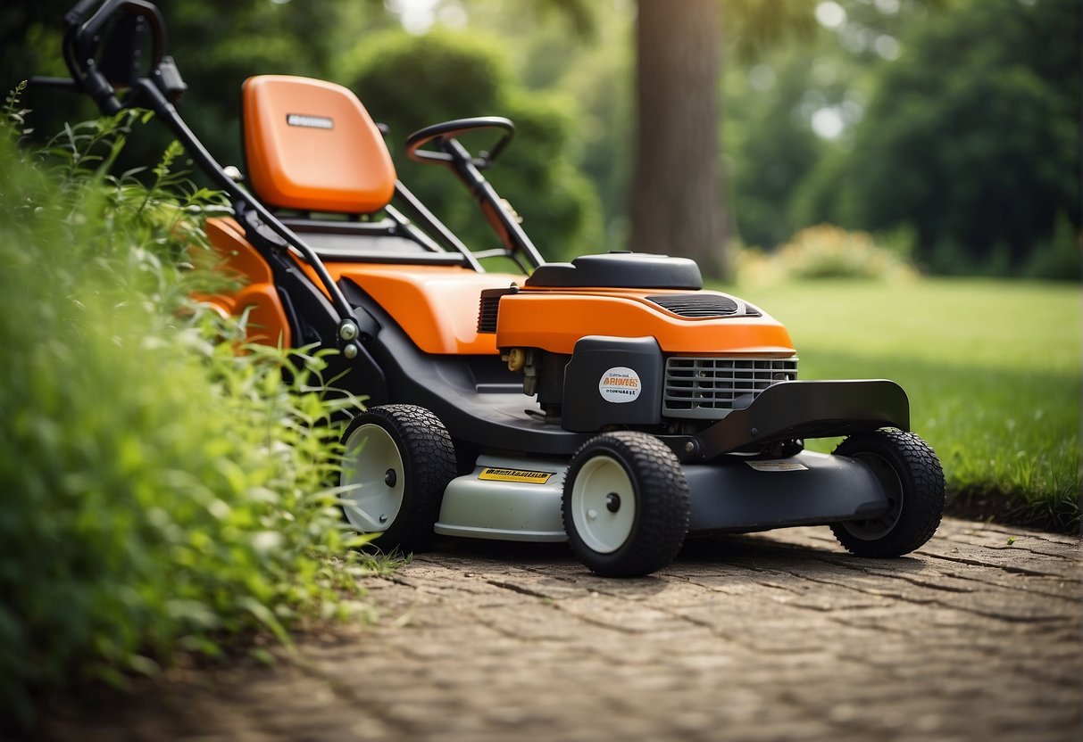 Two lawnmowers, Husqvarna and Ariens, sit side by side in a lush green yard, with a tape measure and price tags nearby