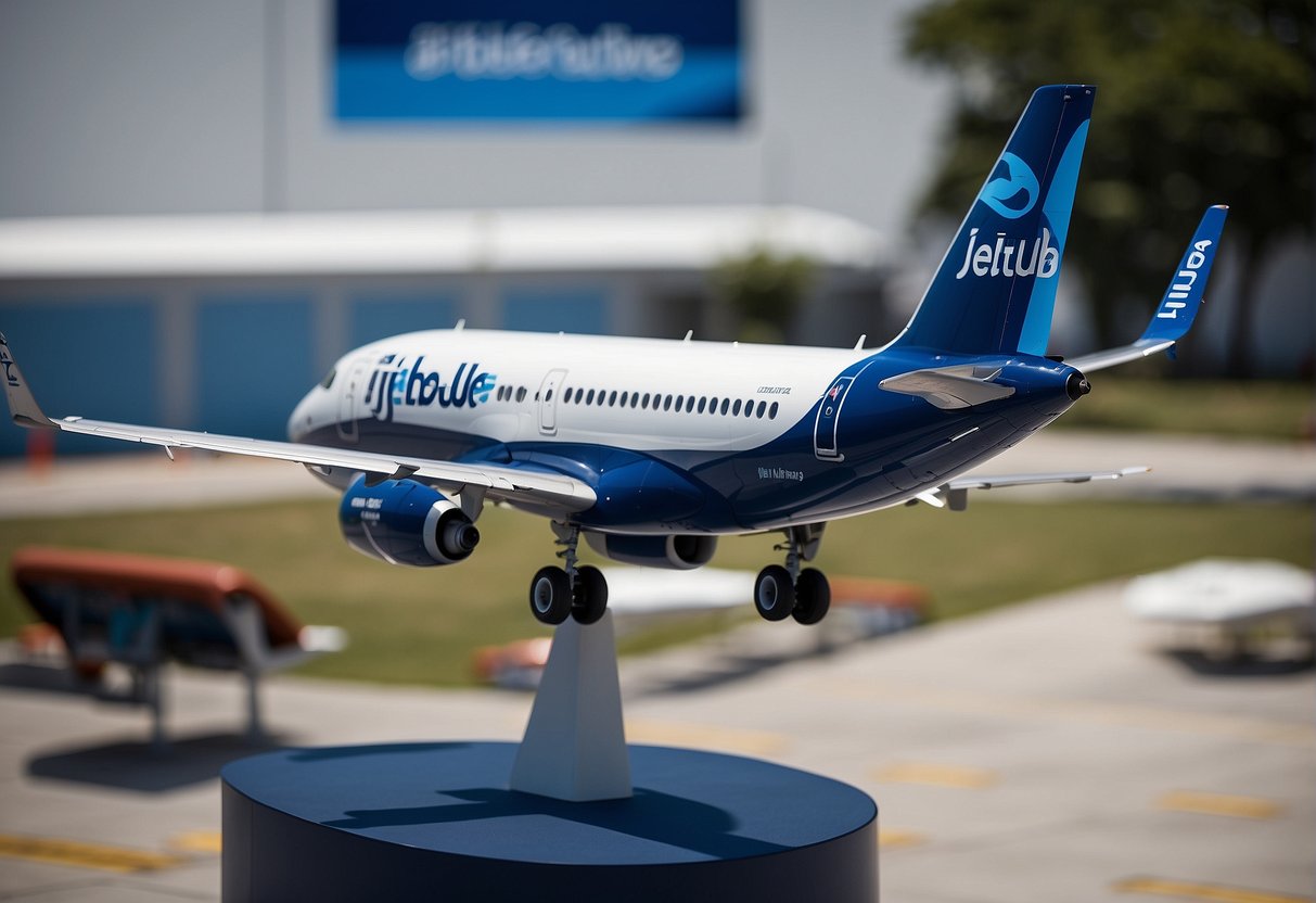 A JetBlue Airways logo displayed on a bright blue background with clear contact information listed in a modern and professional font