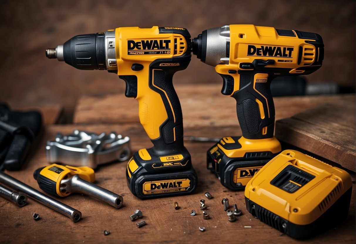 Two Dewalt impact drivers, dcf787 and dcf887, side by side on a workbench with screws and wood pieces scattered around