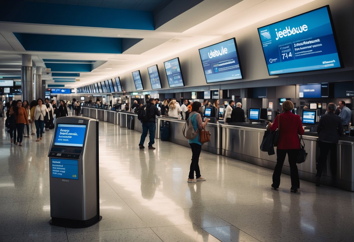 A bustling airport terminal with passengers seeking JetBlue Airways contact info from visible customer service kiosks and digital displays