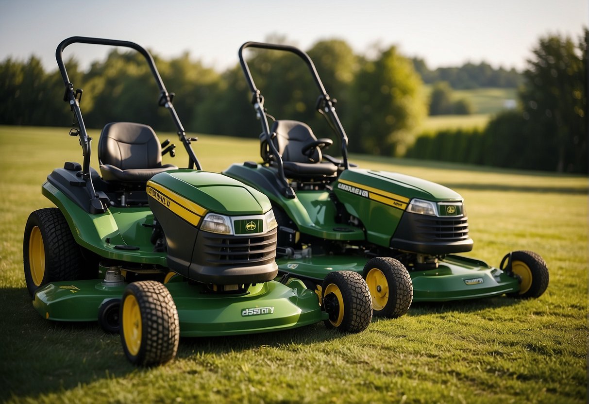 Two lawn mowers side by side, one labeled "Gravely" and the other "John Deere." Both are equipped with various specifications and features