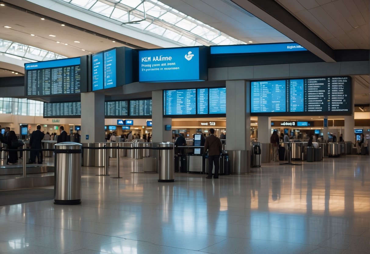 A bustling airport terminal with a prominent display of KLM Airlines contact information, including phone numbers and email addresses, easily accessible to the public