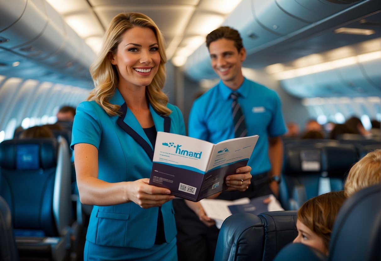 A flight attendant hands out a brochure with KLM Airlines contact information to passengers