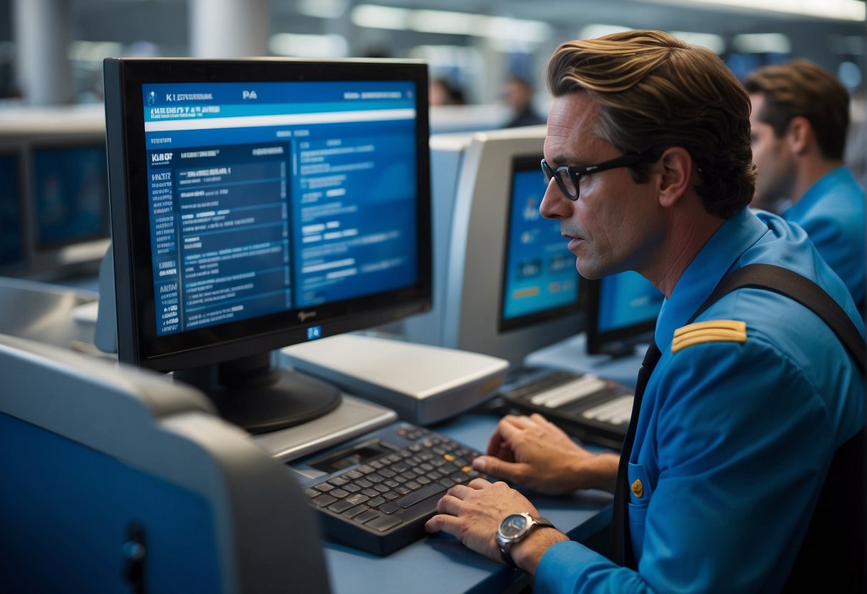 A KLM Airlines representative updates passenger details on a computer with contact information displayed