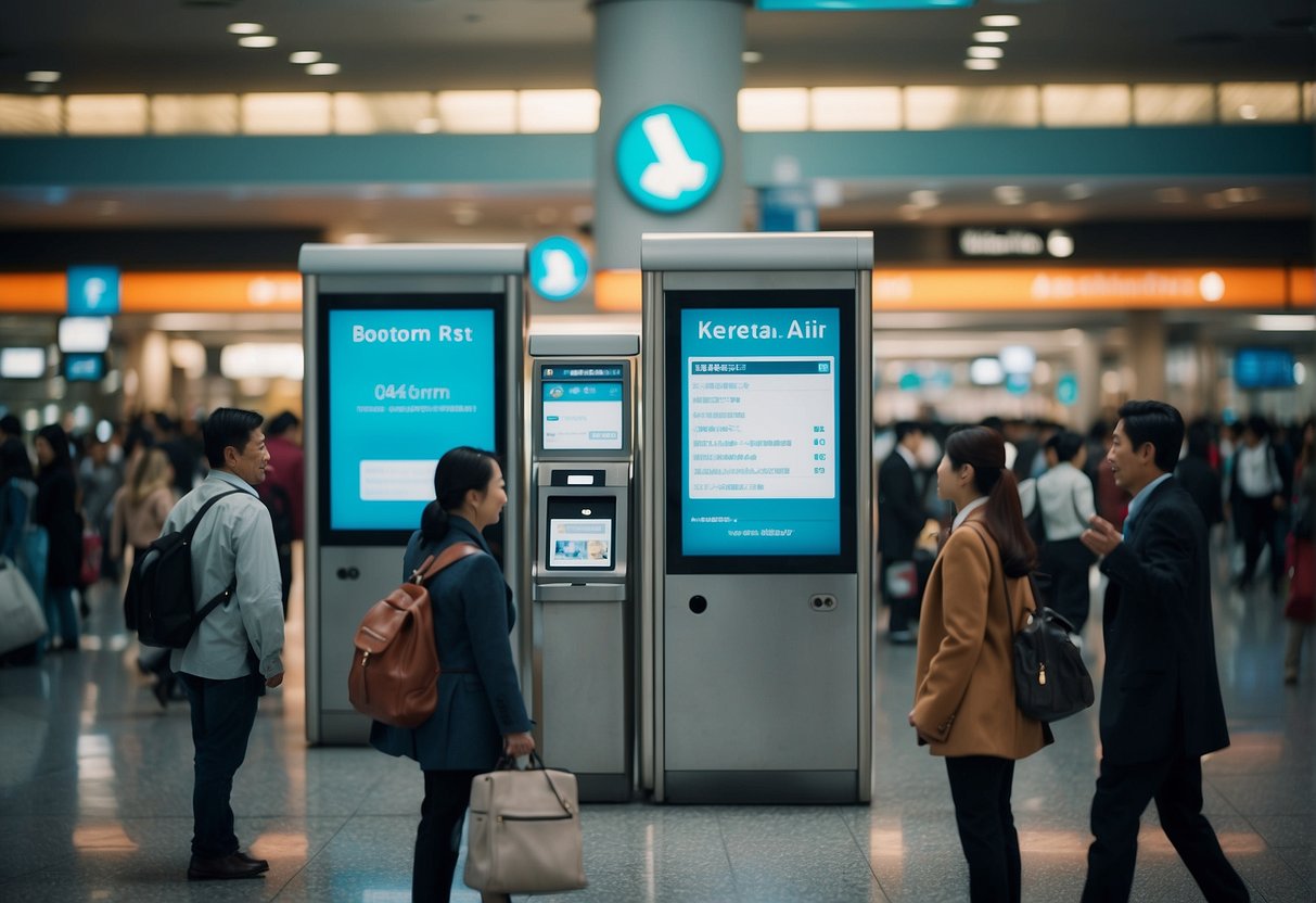 A busy airport terminal with people accessing Korean Air contact information from a public information kiosk