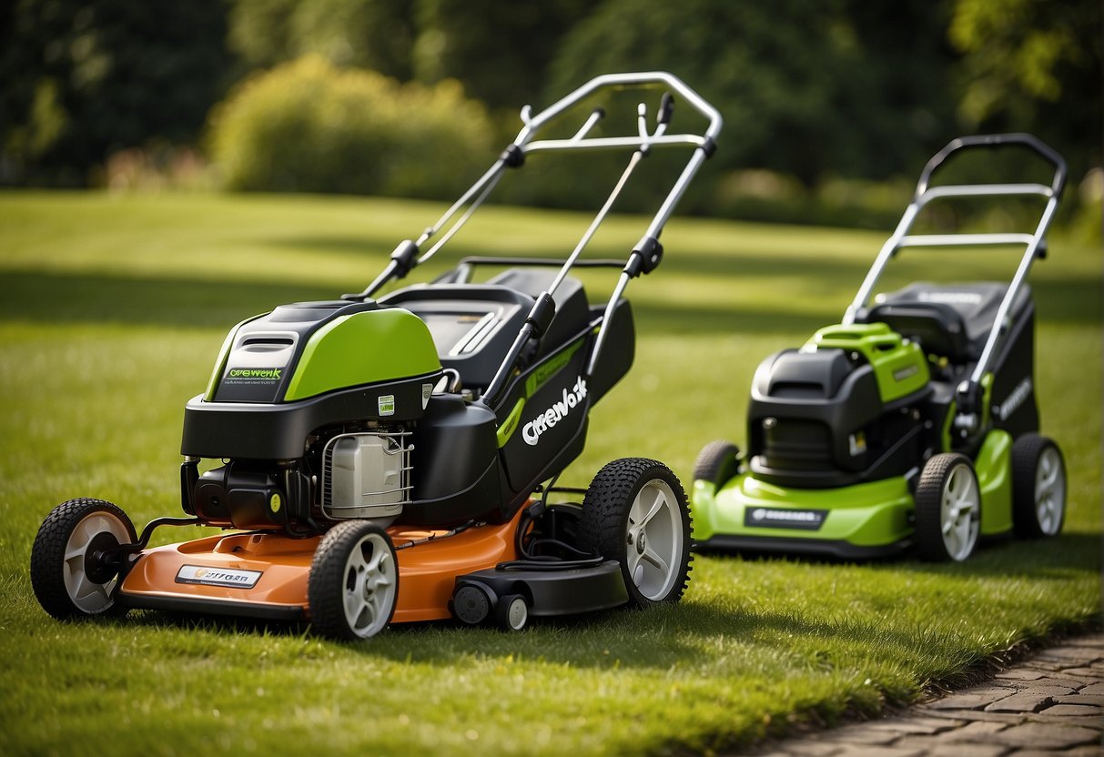 Two lawnmowers side by side, one labeled "Greenworks 40V" and the other "Greenworks 80V." The 40V mower is smaller with a single battery, while the 80V mower is larger with a dual