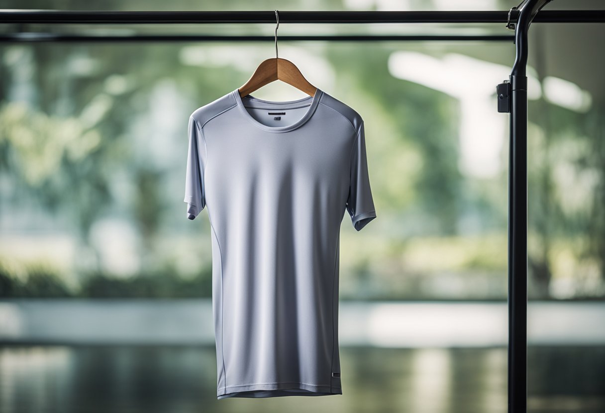A compression shirt hangs on a hanger, with a straightened back and shoulders, symbolizing improved posture and potential health benefits