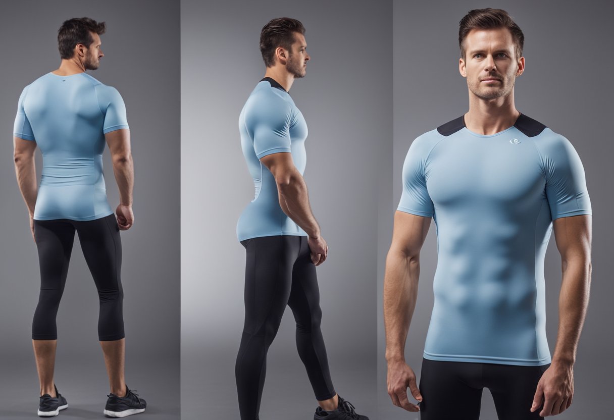 A figure wearing a compression shirt stands tall and straight, with shoulders back and chest open, demonstrating improved posture