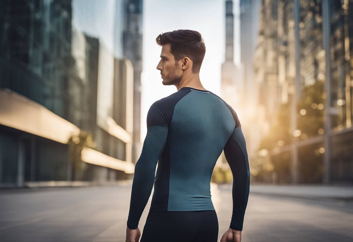 A person wearing a compression shirt standing tall with improved posture, surrounded by supportive tips and benefits