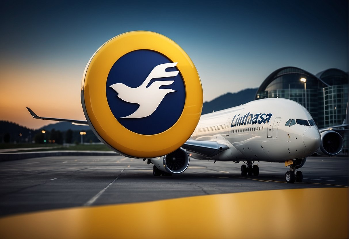 Lufthansa contact info: phone, email, website, social media icons. Blue and yellow color scheme. Clean and professional layout