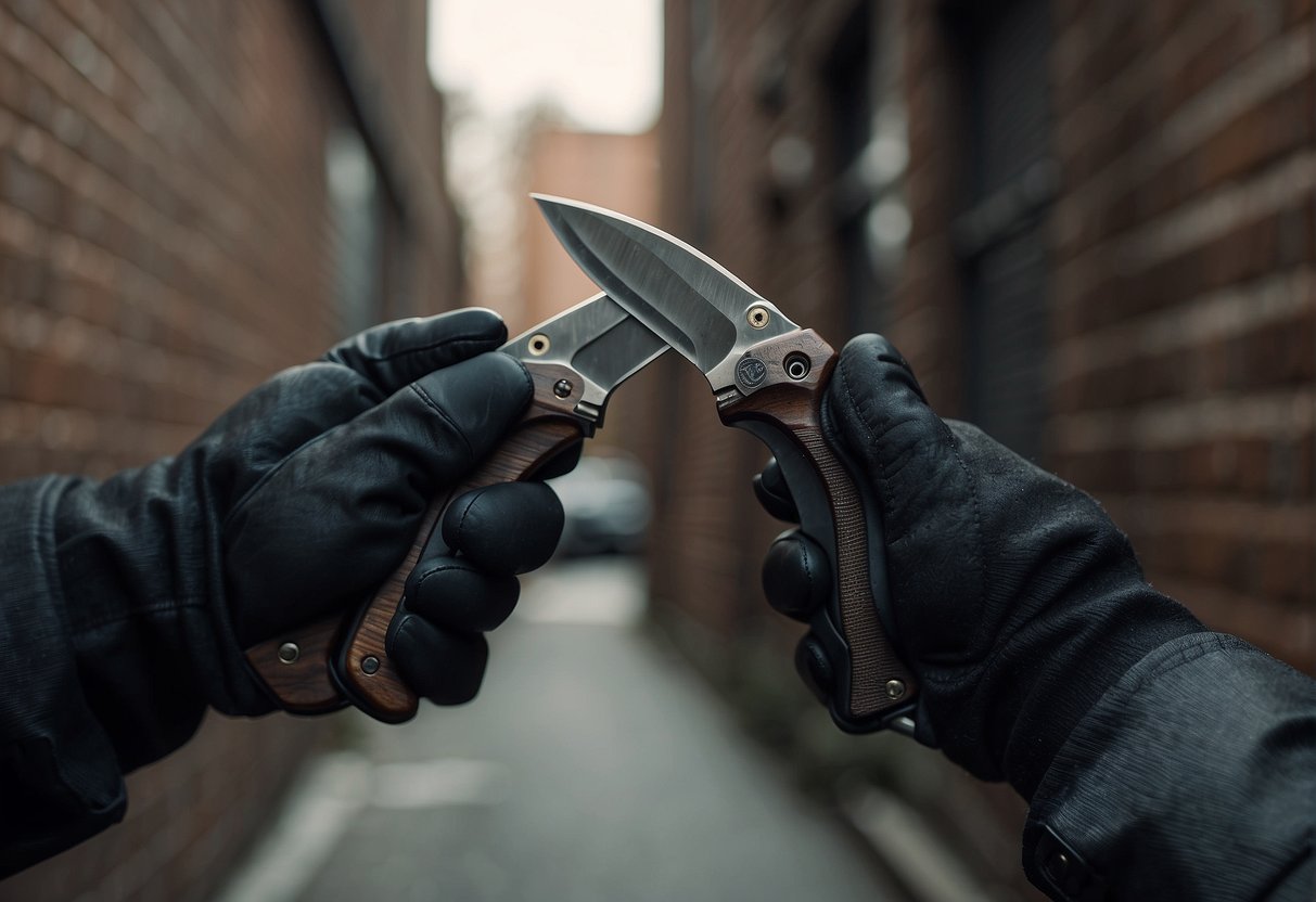 A tactical knife showdown: Spyderco Military and Paramilitary 2 face off in a gritty urban alleyway