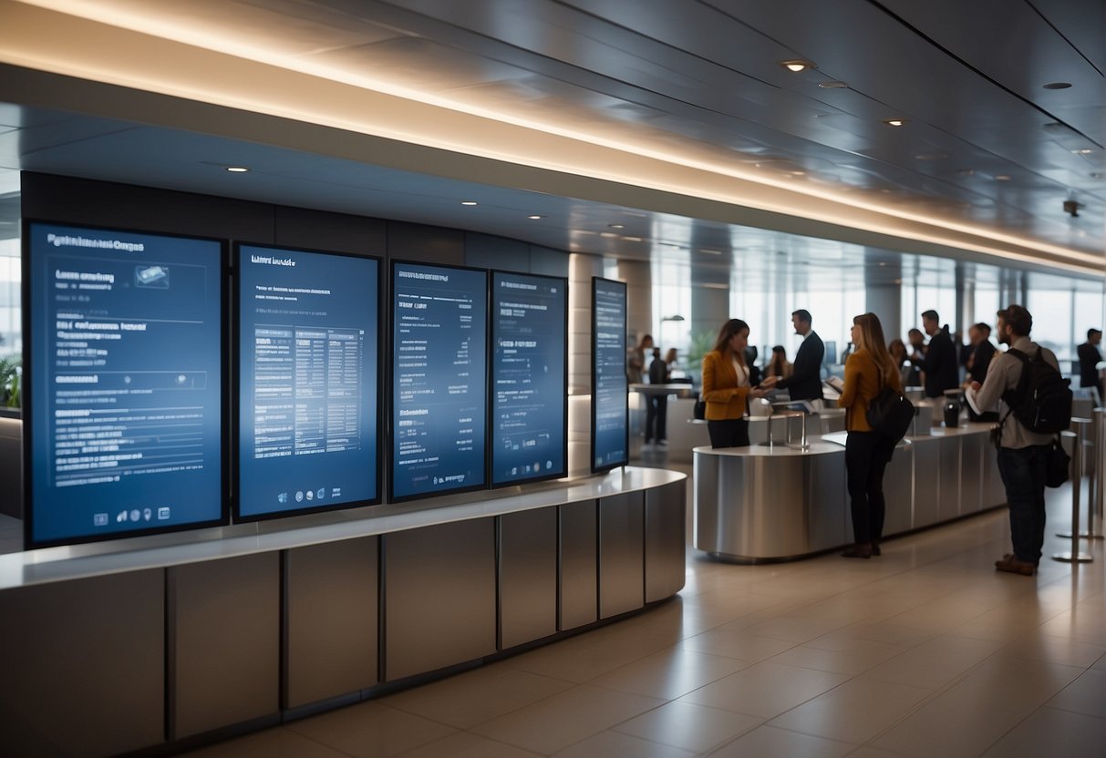 Passengers accessing Lufthansa contact info on digital screens in airport lounge