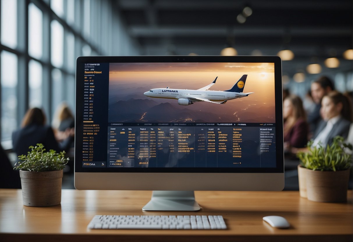 Passenger manifests being reviewed and organized on a computer screen with Lufthansa contact information displayed nearby