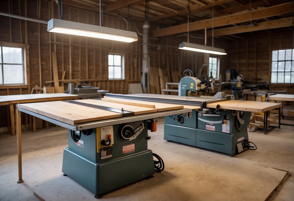 A panel saw and table saw stand side by side in a well-lit workshop. Sawdust covers the floor, and wood scraps are scattered around the machines. The panel saw has a large cutting blade, while the table saw has a smaller,