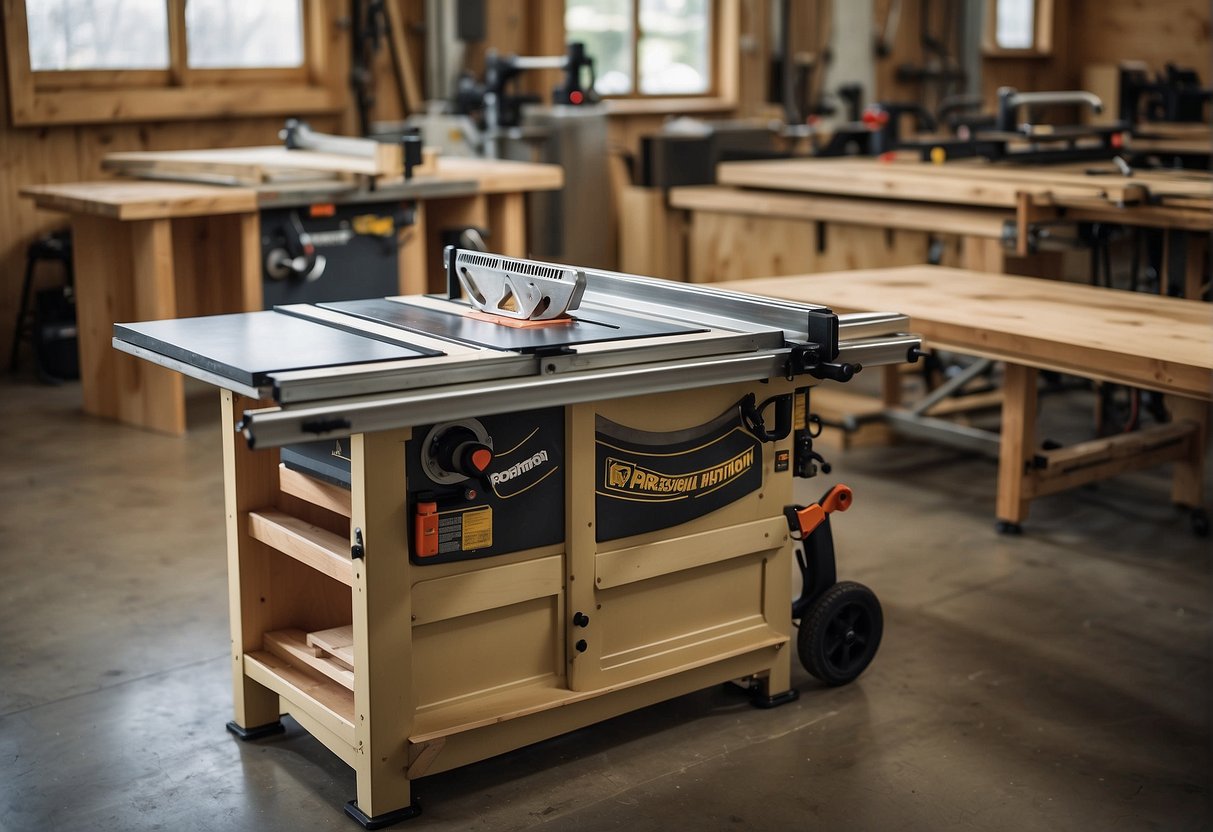 A panel saw and a table saw sit side by side, each with their own unique features and capabilities. The panel saw is large and stationary, while the table saw is smaller and more versatile. Both are surrounded by various woodworking tools and materials