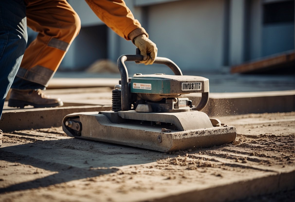 A concrete planer and grinder in action, removing and smoothing surfaces in a construction site