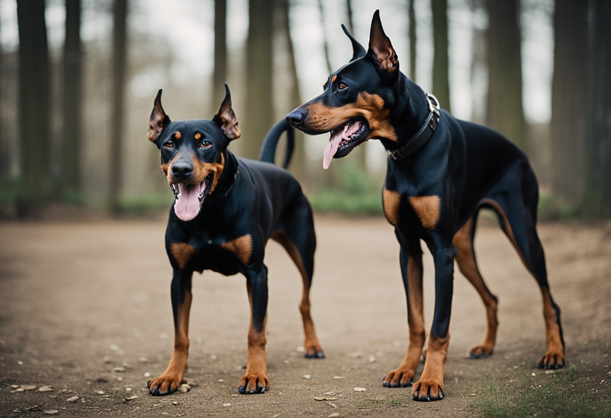 A German Pinscher and a Doberman face off, snarling and baring their teeth in a tense, aggressive stance