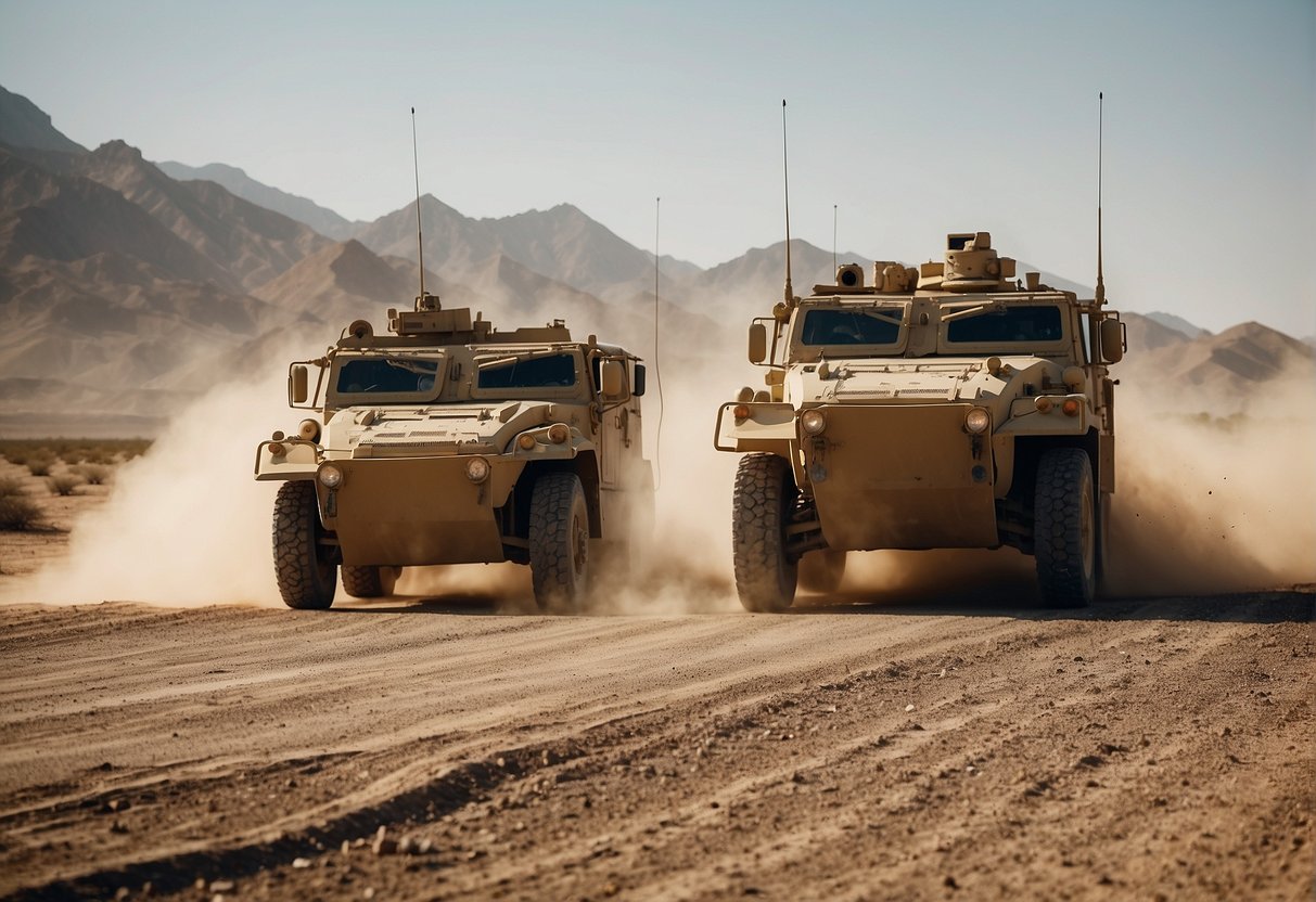 Two military vehicles, m35 and m42, face off in a desert terrain, with dust and debris kicked up as they maneuver
