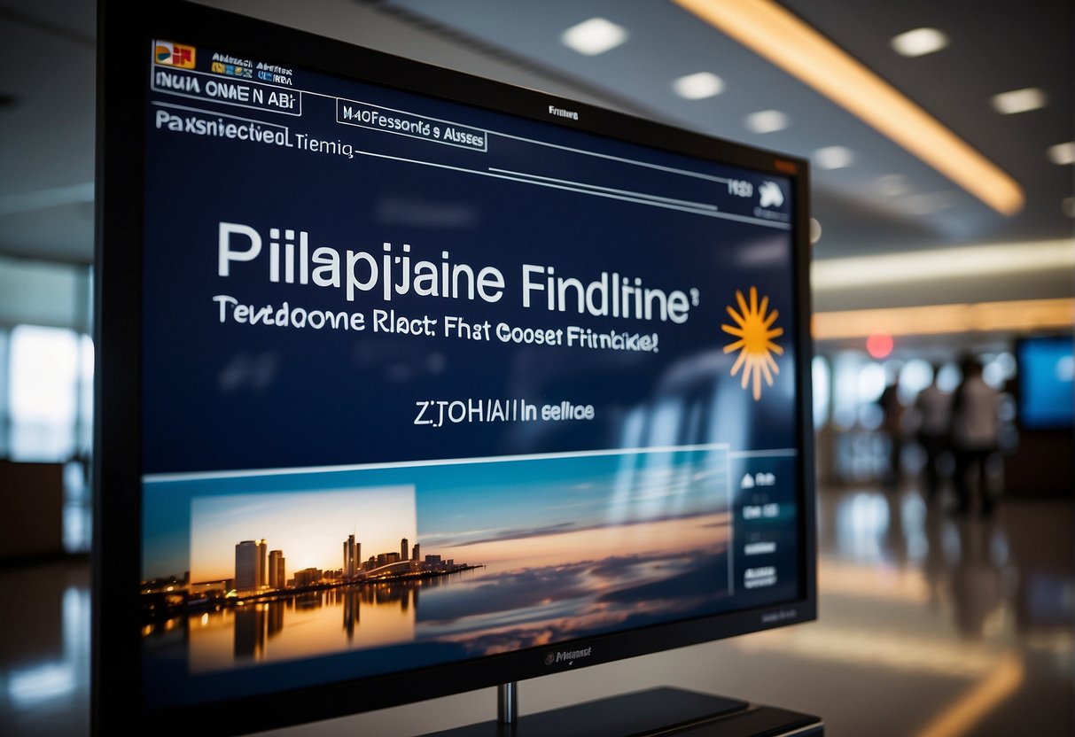 A Philippine Airlines logo displayed on a digital screen with contact information listed below