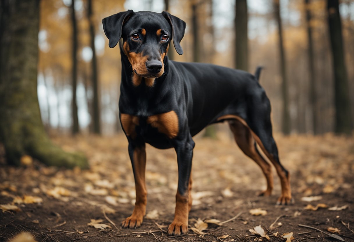 A German Pinscher stands alert, with a sleek, muscular body and a short, glossy coat. Beside it, a Doberman exudes power, with a strong, elegant build and a glossy, black and tan coat
