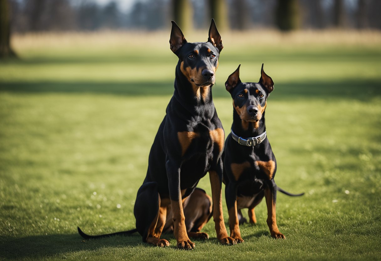 The German Pinscher stands alert, ears perked, while the Doberman stands tall and confident, both exuding a strong and assertive demeanor