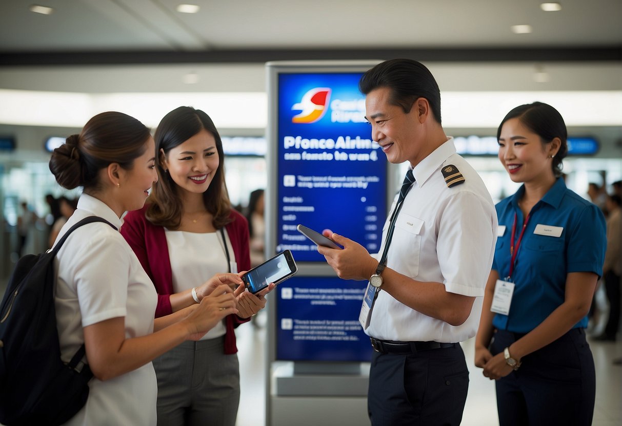 Passengers exchanging contact info with Philippine Airlines staff. Phone numbers and emails being shared