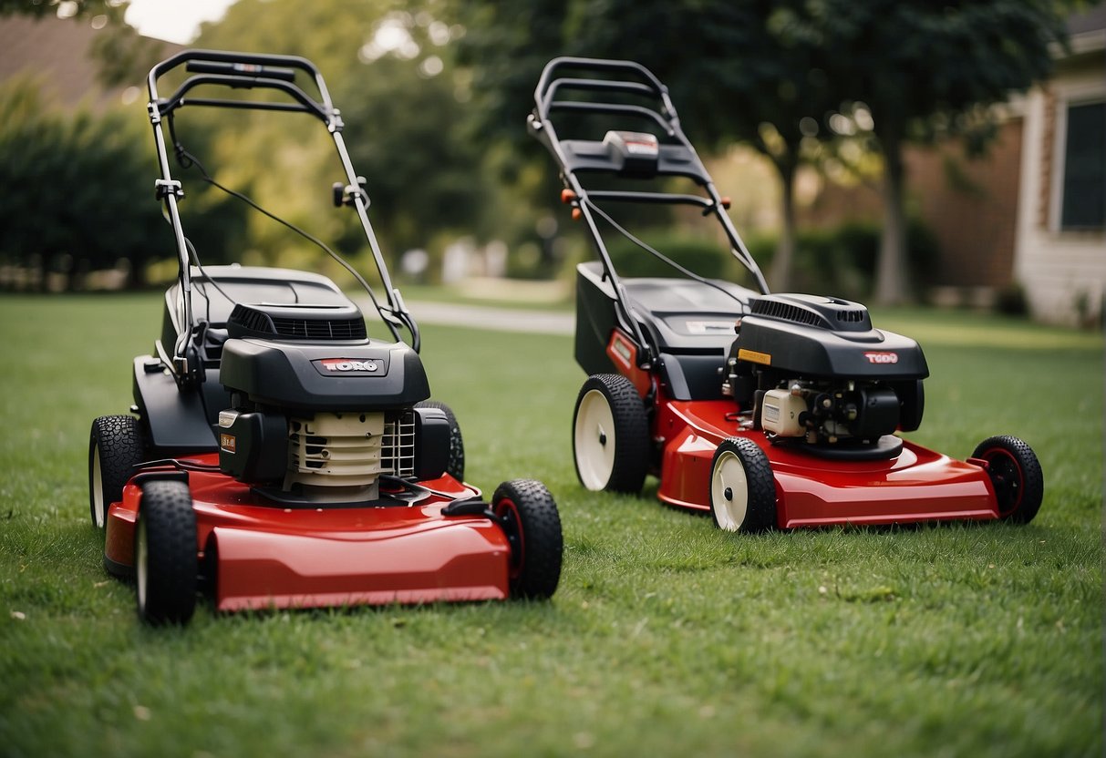 A Toro mower and a Craftsman mower face off in a grassy yard. They are positioned in a parallel stance, ready to engage in a lawn mowing battle