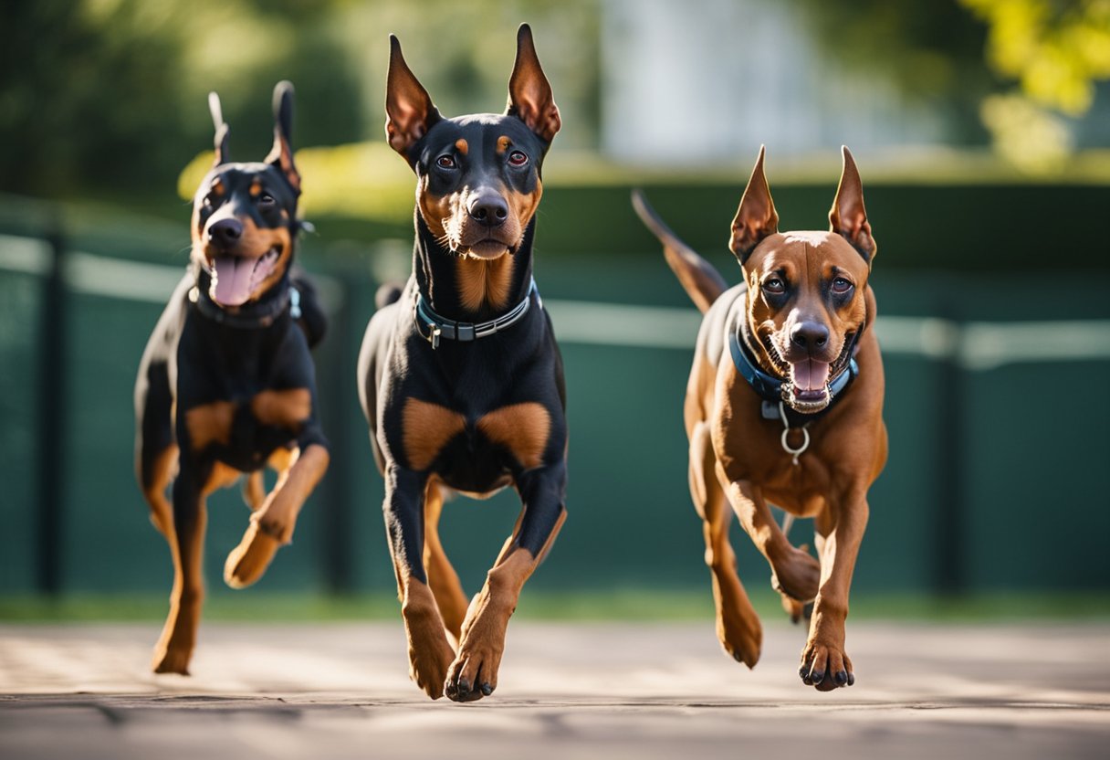 Two dogs, a German Pinscher and a Doberman, engaging in training and exercise, running side by side in a spacious outdoor area