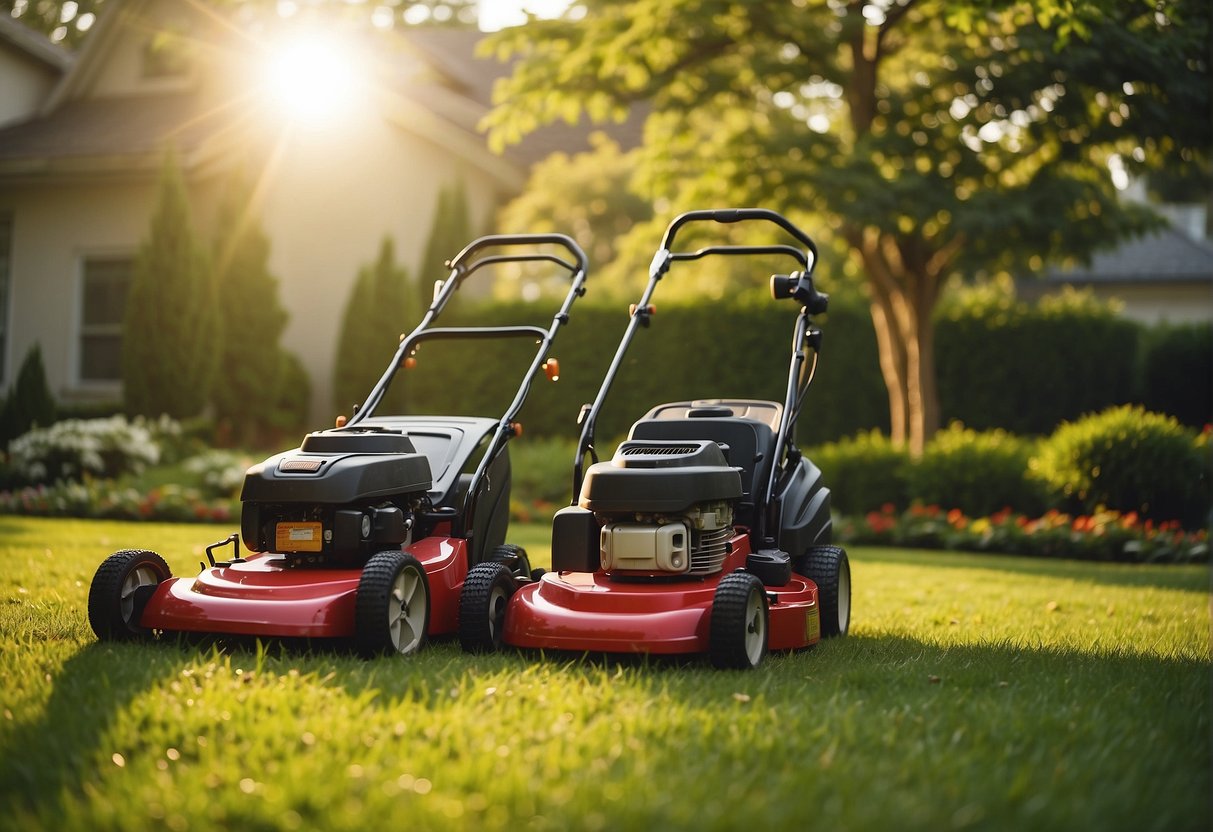 Two lawnmowers, one Toro and one Craftsman, sit side by side in a lush green yard, surrounded by neatly trimmed grass. The sun shines down, casting a warm glow on the scene