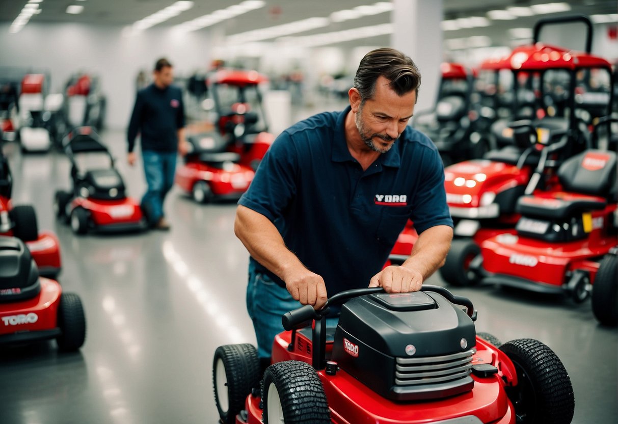 A customer comparing Toro and Craftsman mowers, surrounded by helpful staff and a display of products