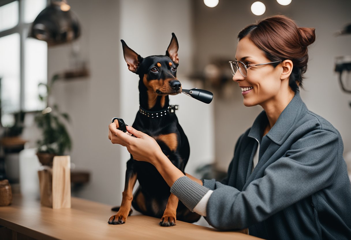 A person grooming a German Pinscher and a Doberman, brushing their coats and trimming their nails in a cozy, well-lit room