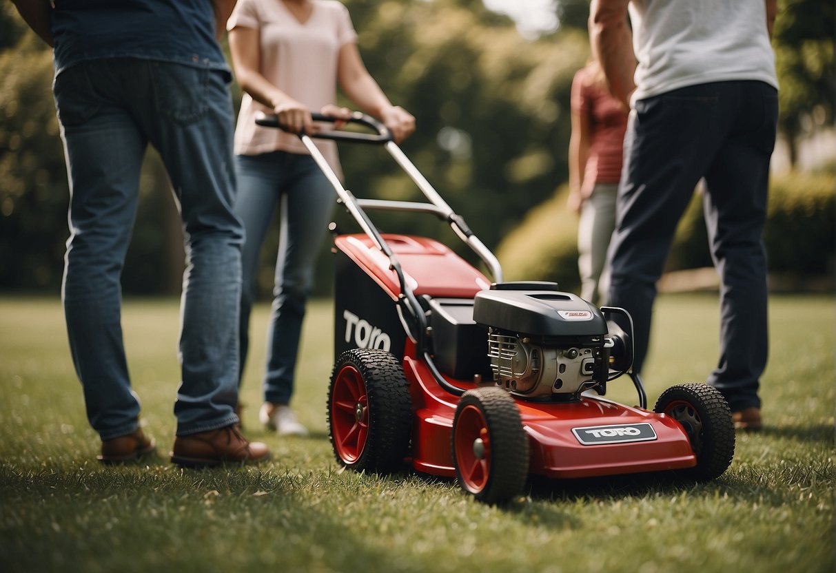 A Toro and Craftsman mower face off in a grassy yard, surrounded by curious onlookers