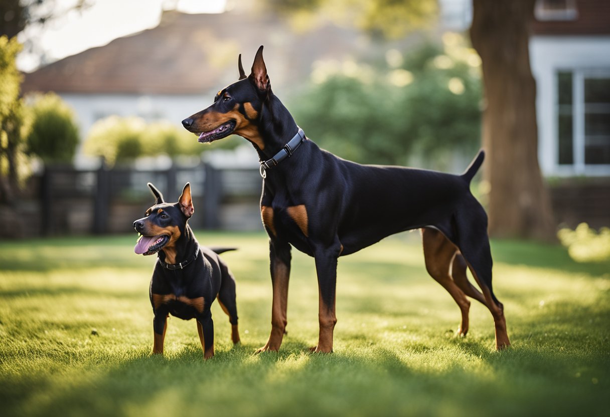 A German Pinscher and a Doberman playing in a spacious backyard, showcasing their energy and playfulness as potential pets