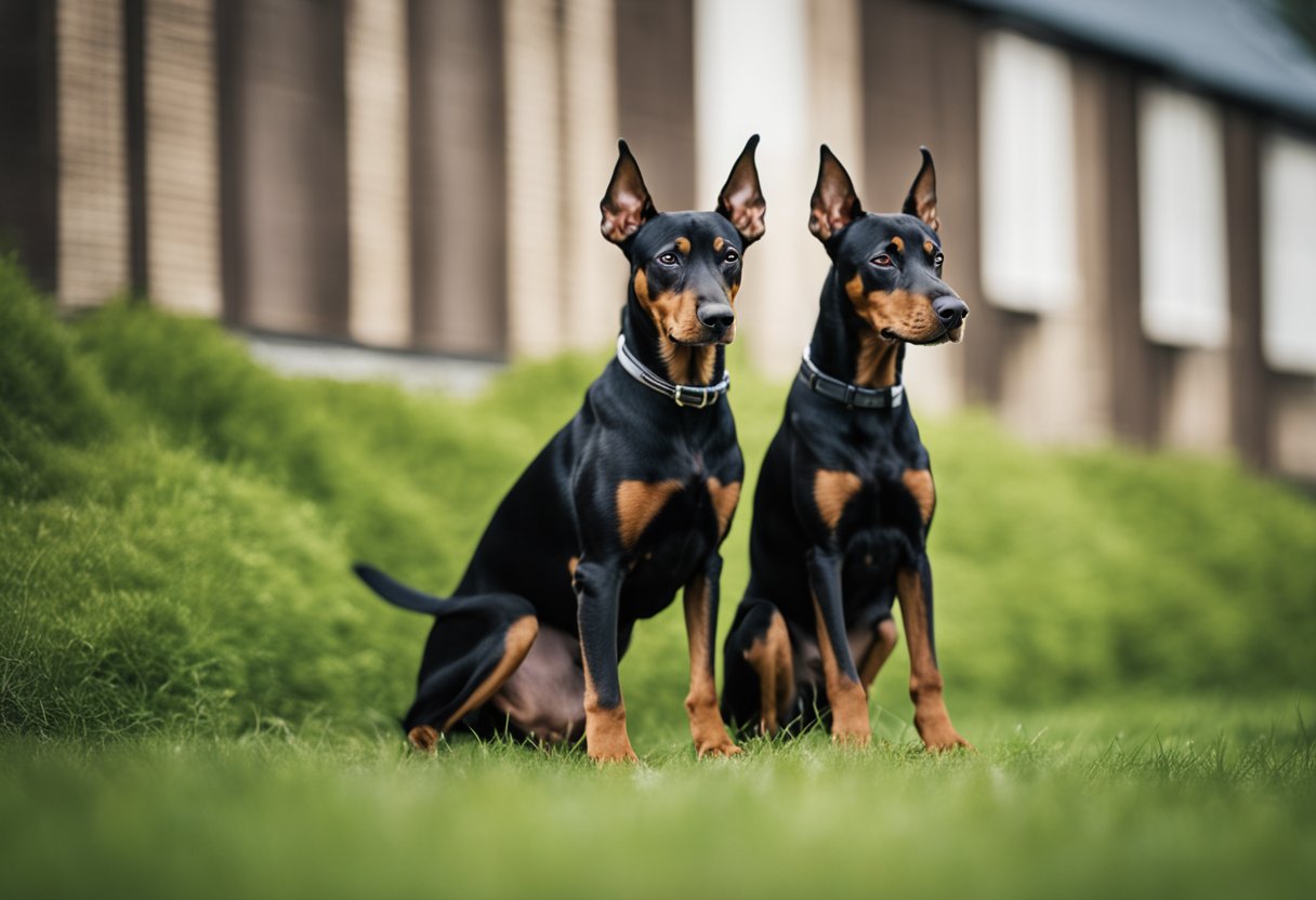 A German Pinscher and a Doberman stand side by side, showcasing their similar sleek and muscular builds. Their alert expressions and pointed ears highlight their intelligence and agility