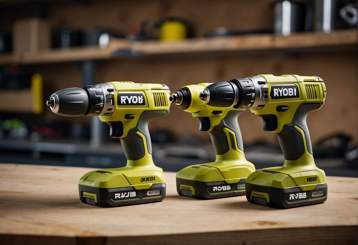 Two Ryobi cordless drills, P236 and P237, placed side by side on a workbench with their respective battery packs attached
