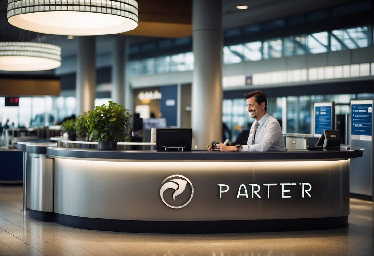 A bright and modern airport counter with the Porter Airlines logo prominently displayed. A friendly customer service representative assists a passenger with a smile