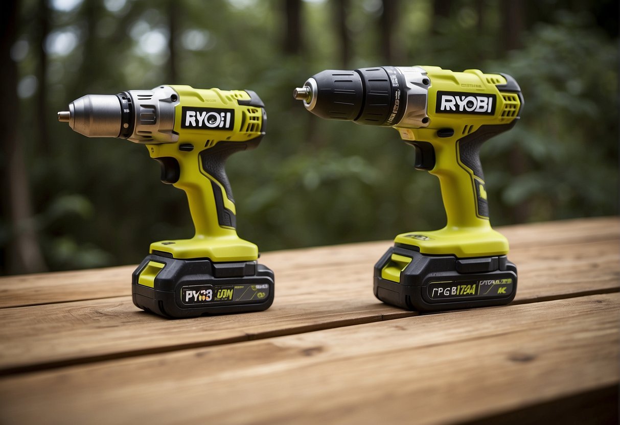 Two cordless drills side by side, labeled "ryobi p236" and "p237". Both drills are in use, driving screws into wooden boards
