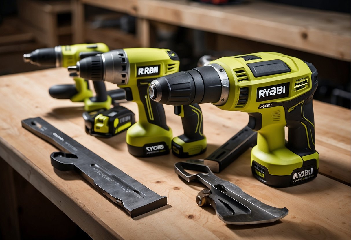 The Ryobi P236 and P237 tools are placed side by side on a workbench, showcasing their ergonomic design and sleek appearance. The tools are positioned at an angle to highlight their features